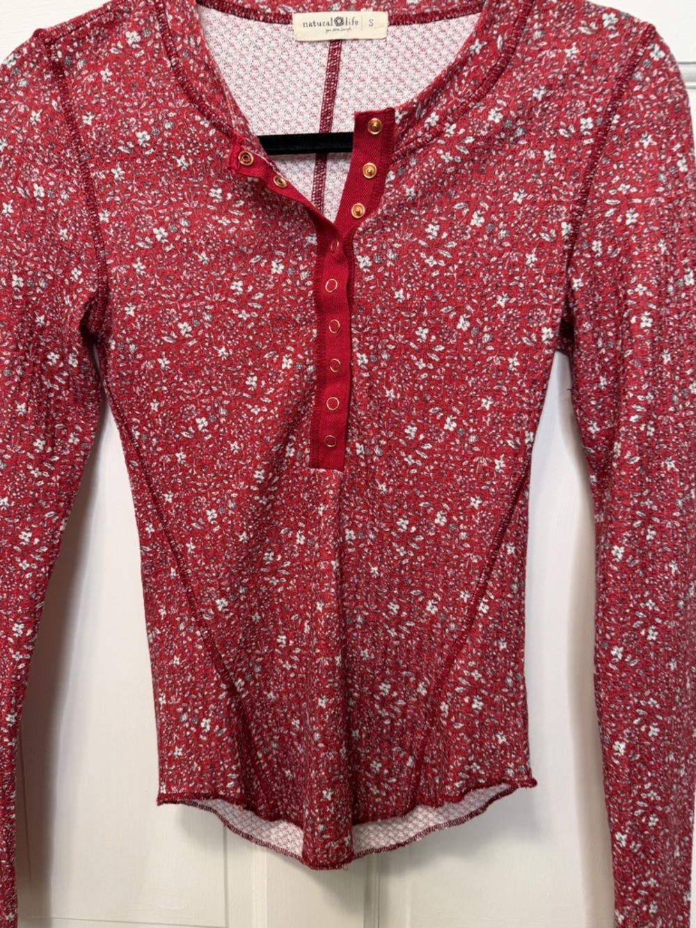 Natural Life Floral Thermal Henley Long Sleeve Boho Fitted Snap Front Size Small - Picture 2 of 5